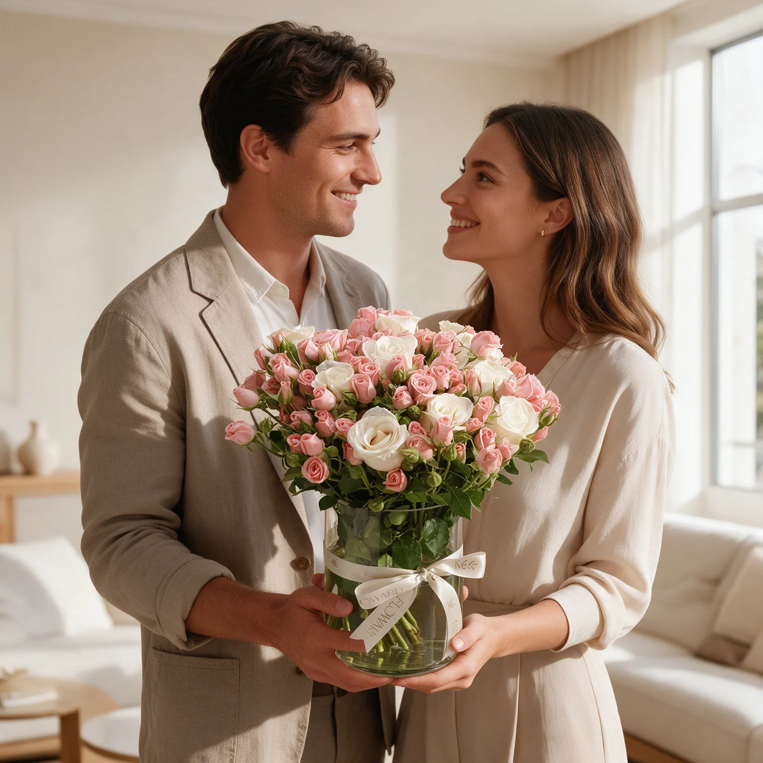 White roses and pink spray roses arranged in a glass vase