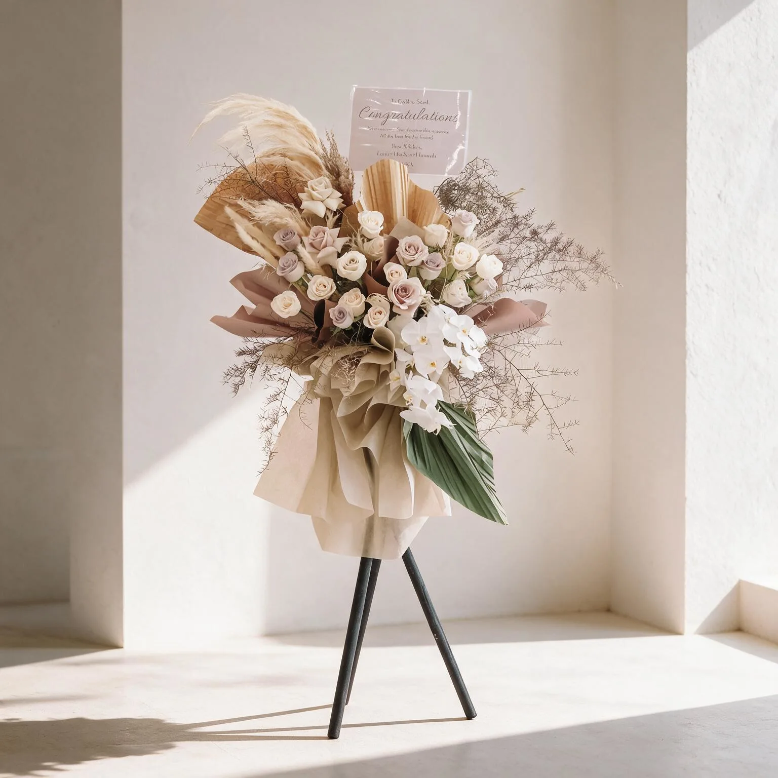 Champagne Bloom flower stand featuring cappuccino, cream and white roses, white Phalaenopsis orchids, dried pampas grass, palm leaves and delicate foliage in neutral wrapping.