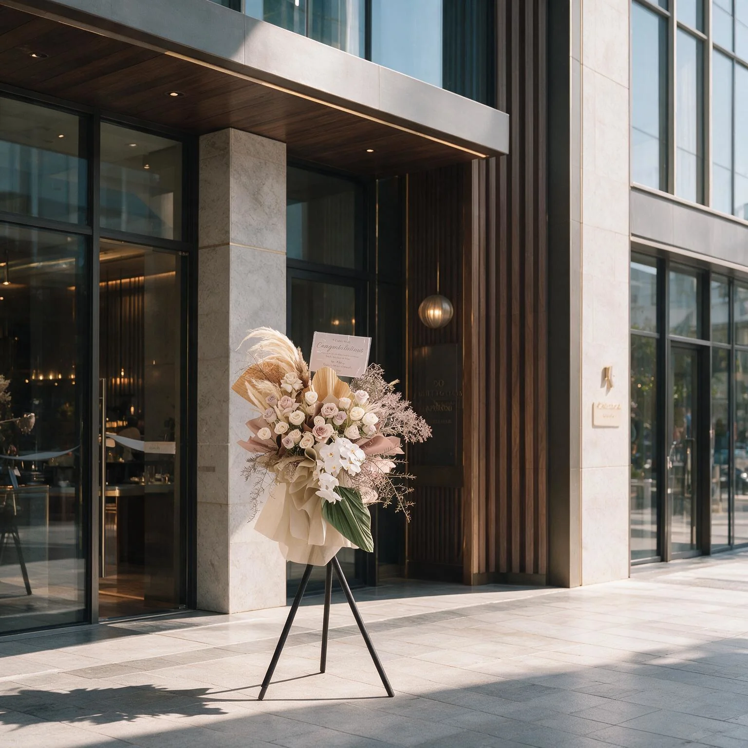 Champagne Bloom flower stand featuring cappuccino, cream and white roses, white Phalaenopsis orchids, dried pampas grass, palm leaves and delicate foliage in neutral wrapping.