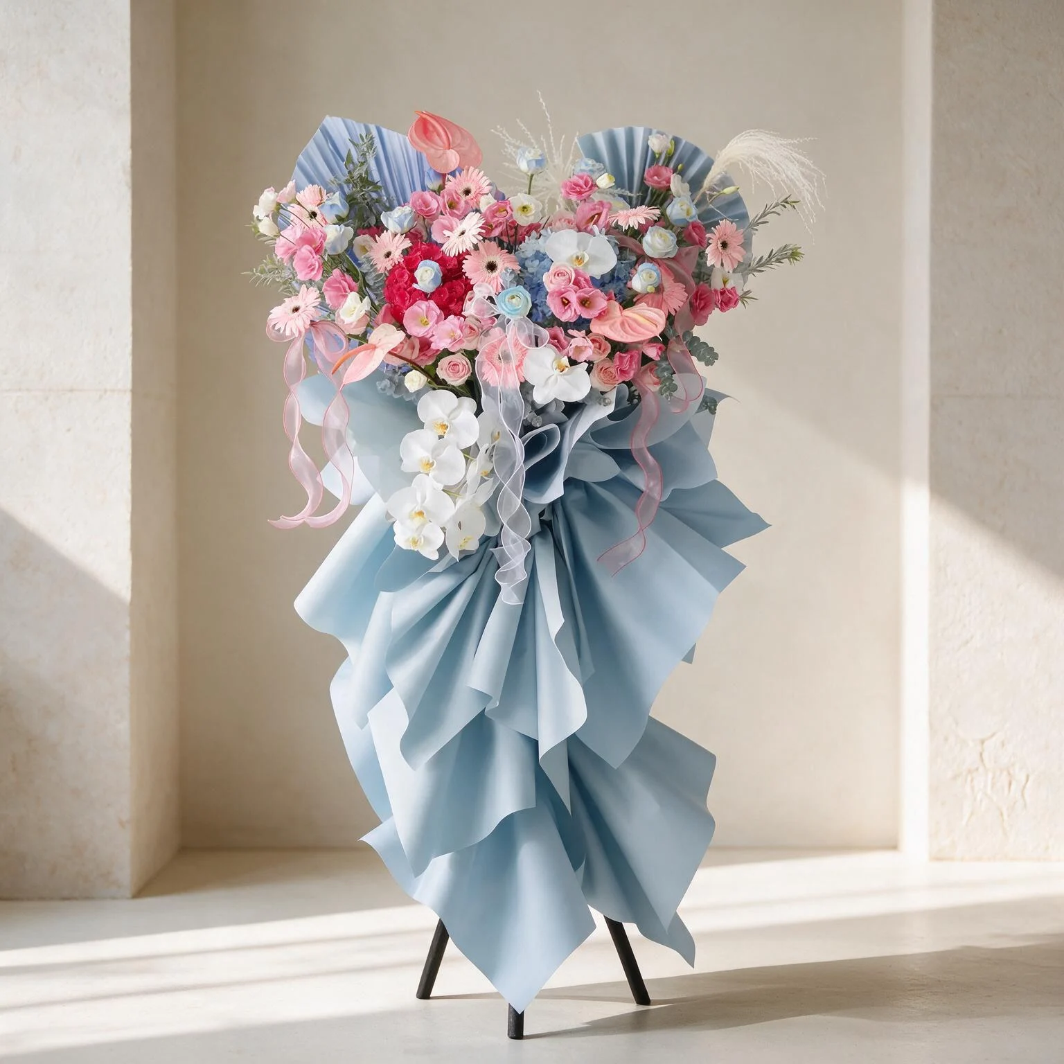 Pastel event flower stand featuring pink and white blooms, blue floral accents and fresh greenery, finished with elegant blue wrapping and pink ribbons.