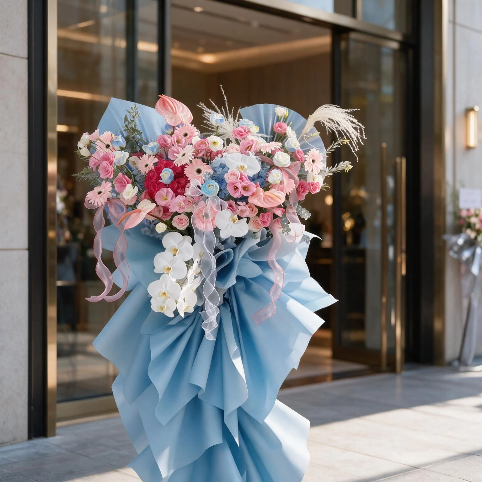 Pastel event flower stand featuring pink and white blooms, blue floral accents and fresh greenery, finished with elegant blue wrapping and pink ribbons.