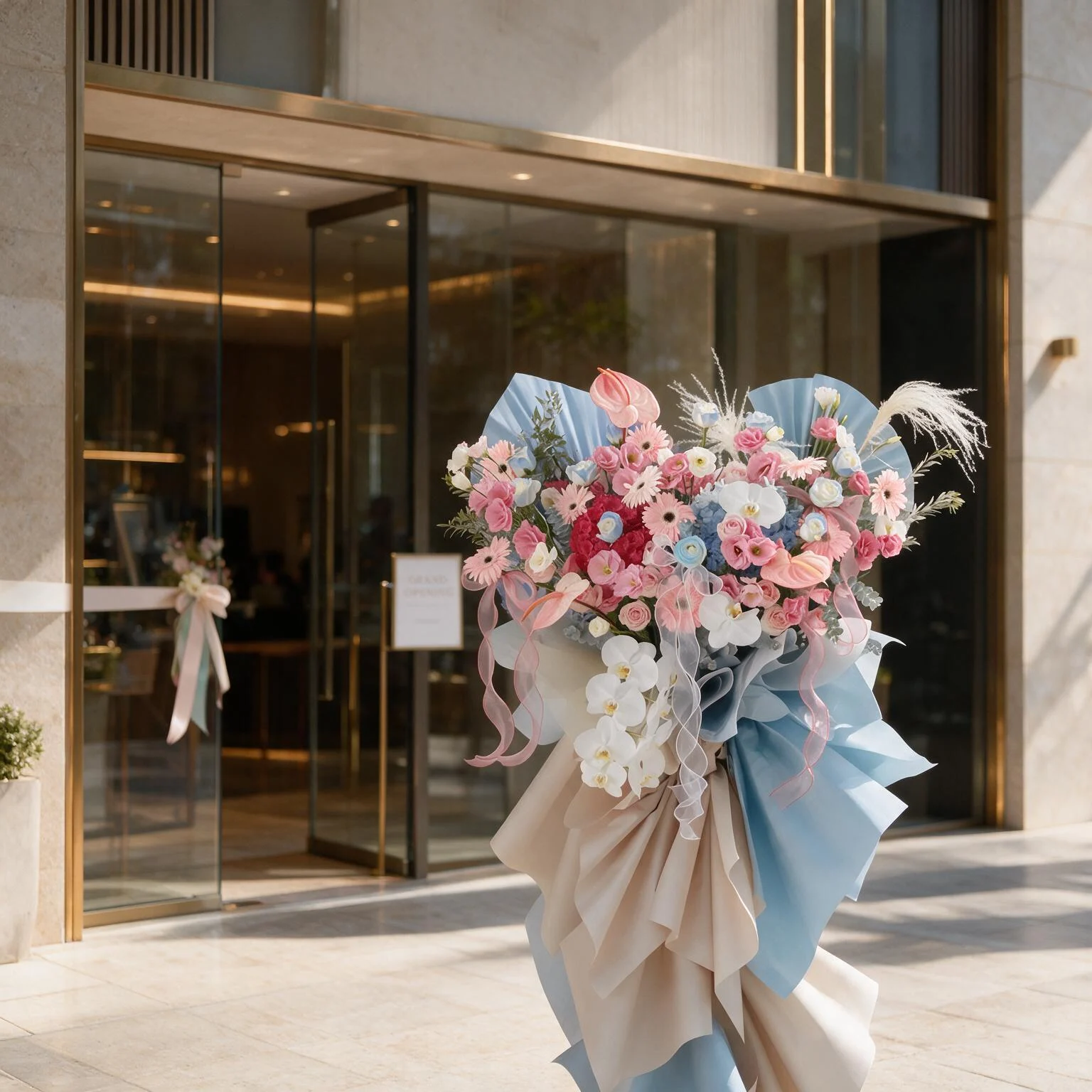 Pastel event flower stand featuring pink and white blooms, blue floral accents and fresh greenery, finished with elegant blue wrapping and pink ribbons.
