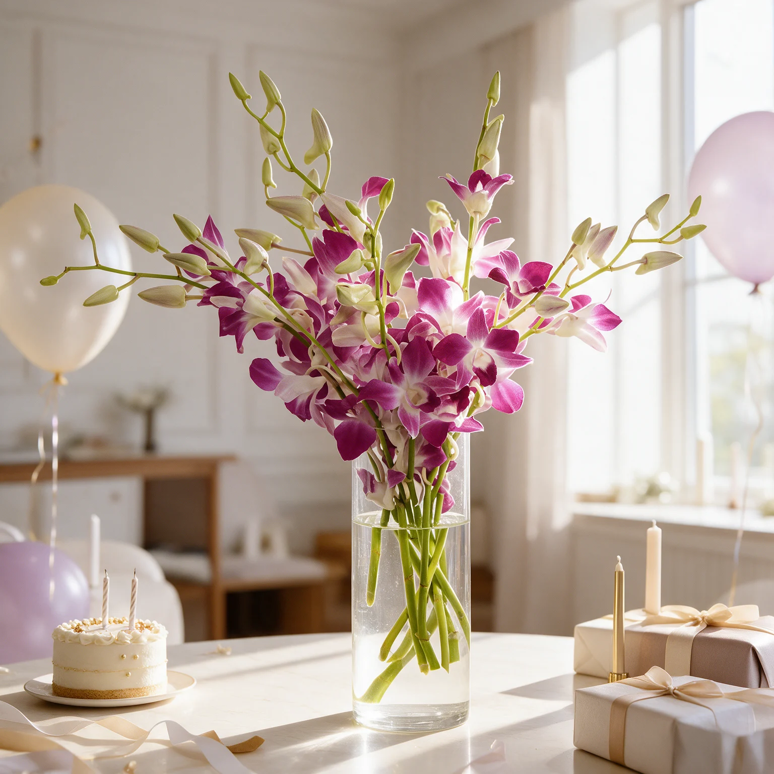 Purple orchid vase arrangement for flower delivery in Malaysia