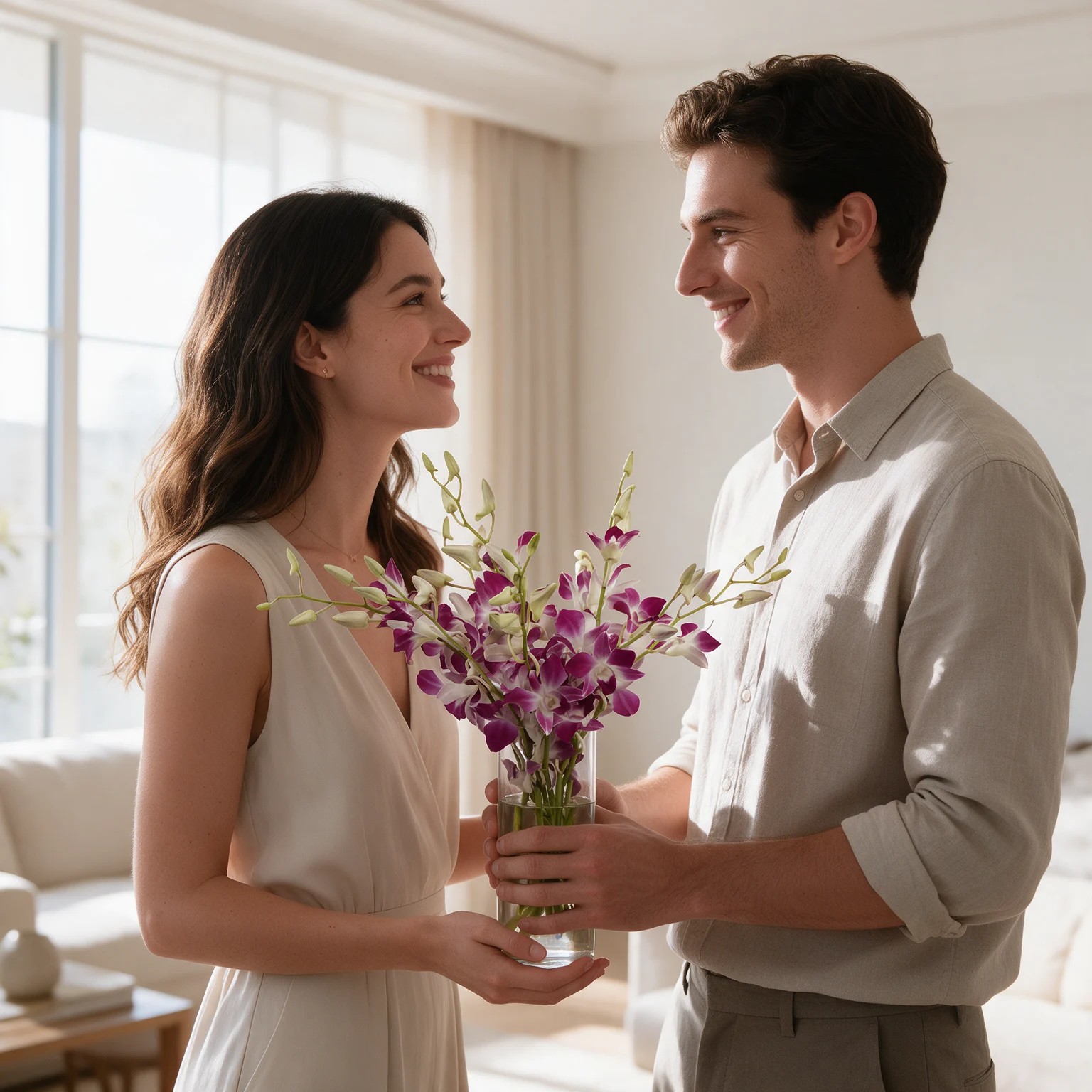Purple orchid vase arrangement for flower delivery in Malaysia