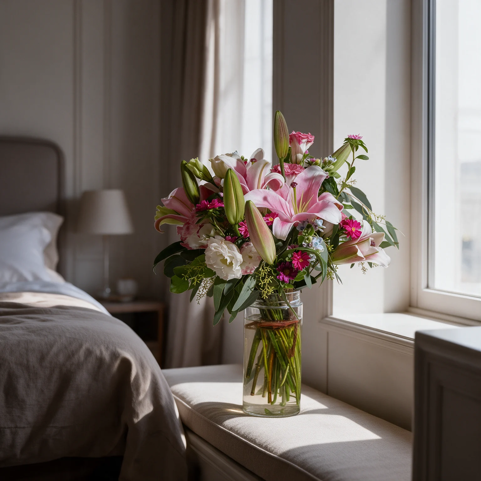 Pink lilies, lisianthus and mini chrysanthemums arranged in a glass vase Pink lilies, lisianthus and mini chrysanthemums arranged in a glass vase