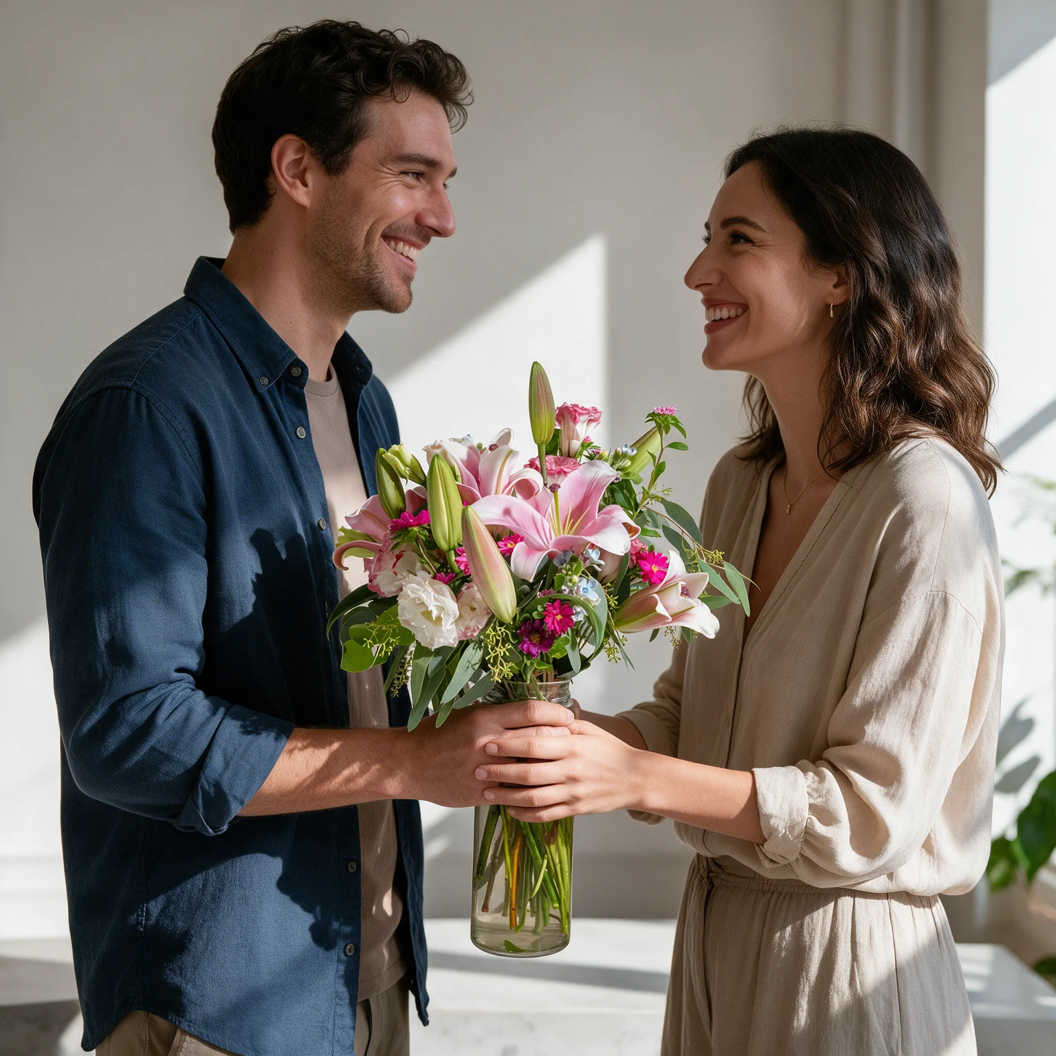 Pink lilies, lisianthus and mini chrysanthemums arranged in a glass vase