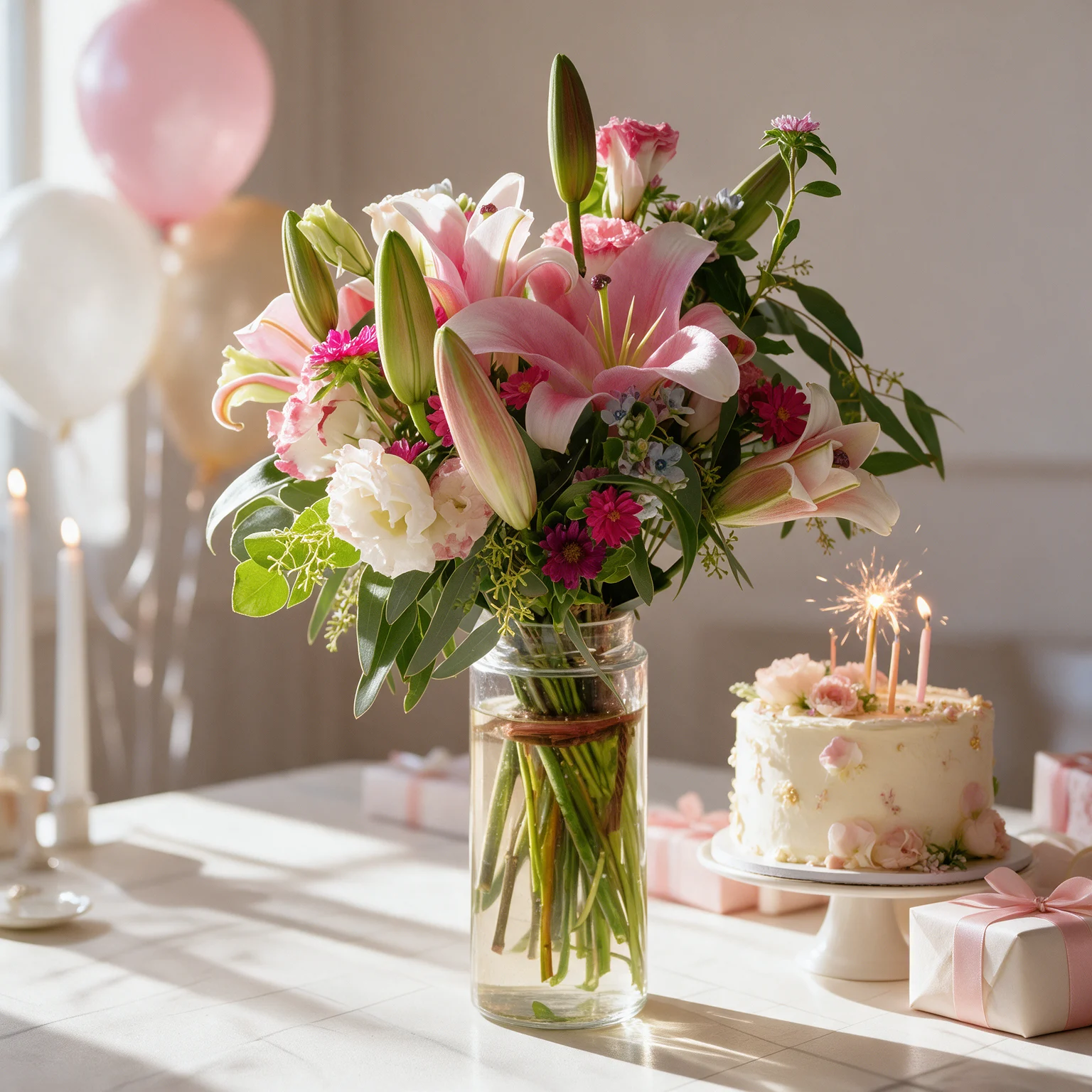 Pink lilies, lisianthus and mini chrysanthemums arranged in a glass vase