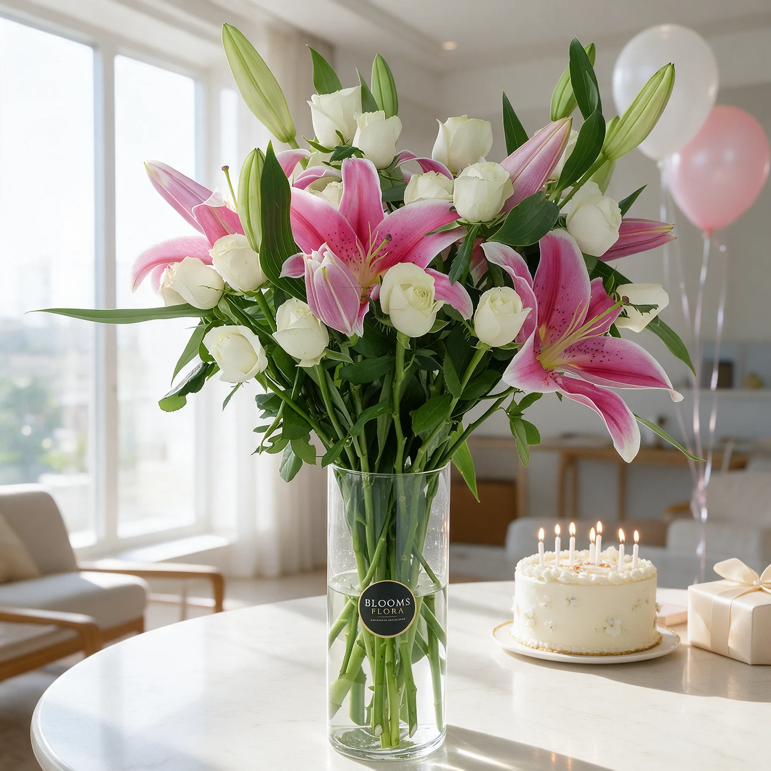 Pink lilies and white roses arranged in a cylindrical glass vase
