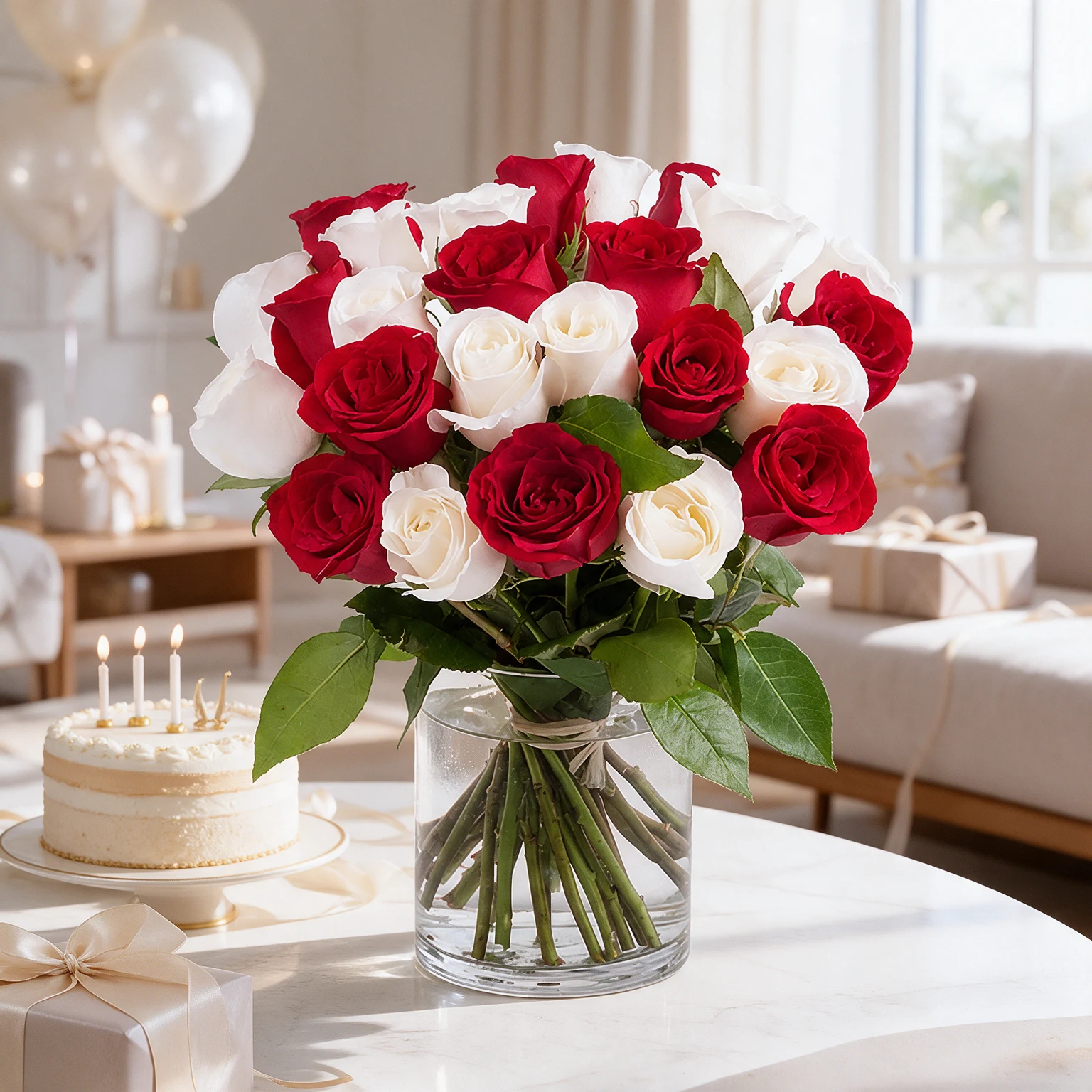 Vase of 12 red roses & 12 white roses & green fillers.