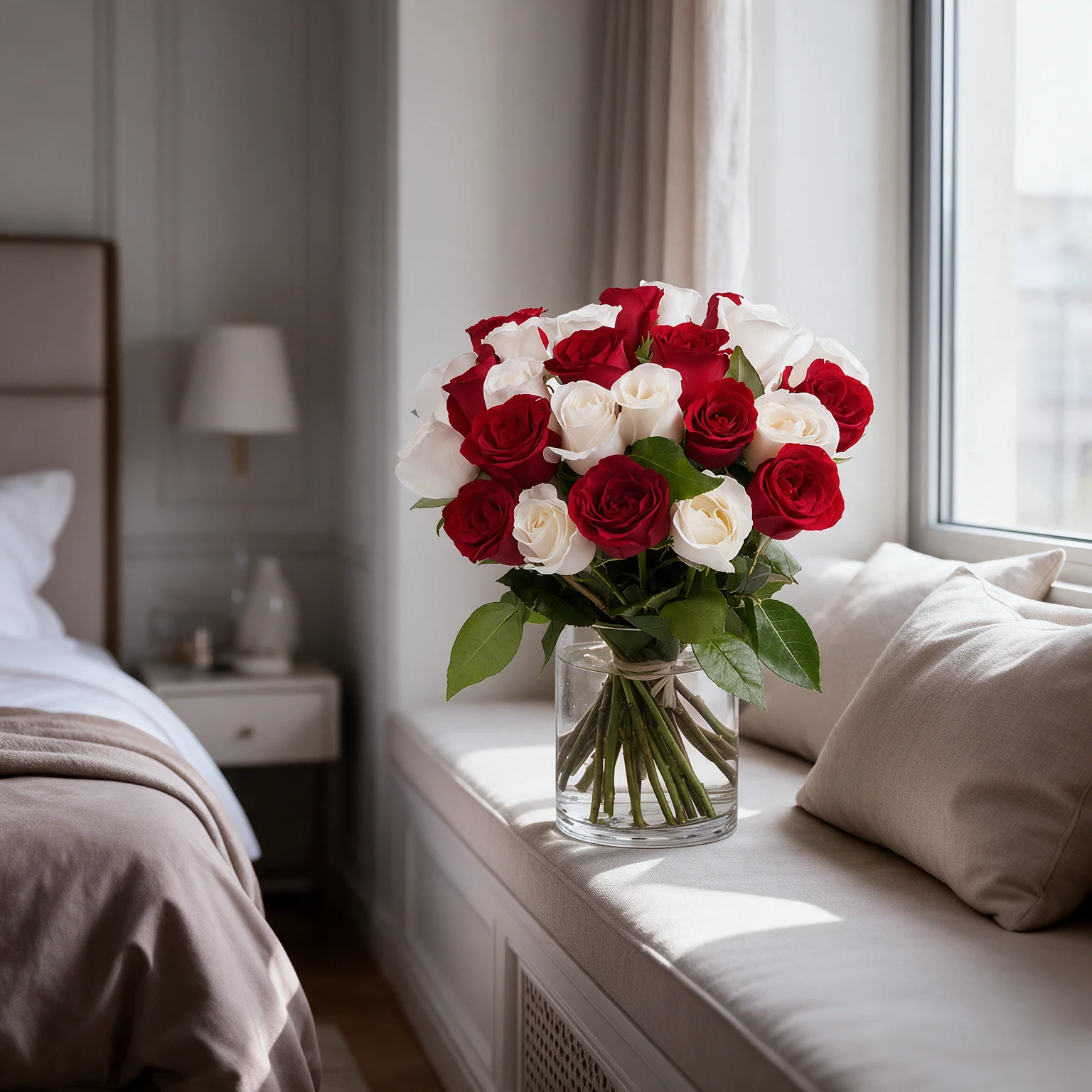 Vase of 12 red roses & 12 white roses & green fillers.