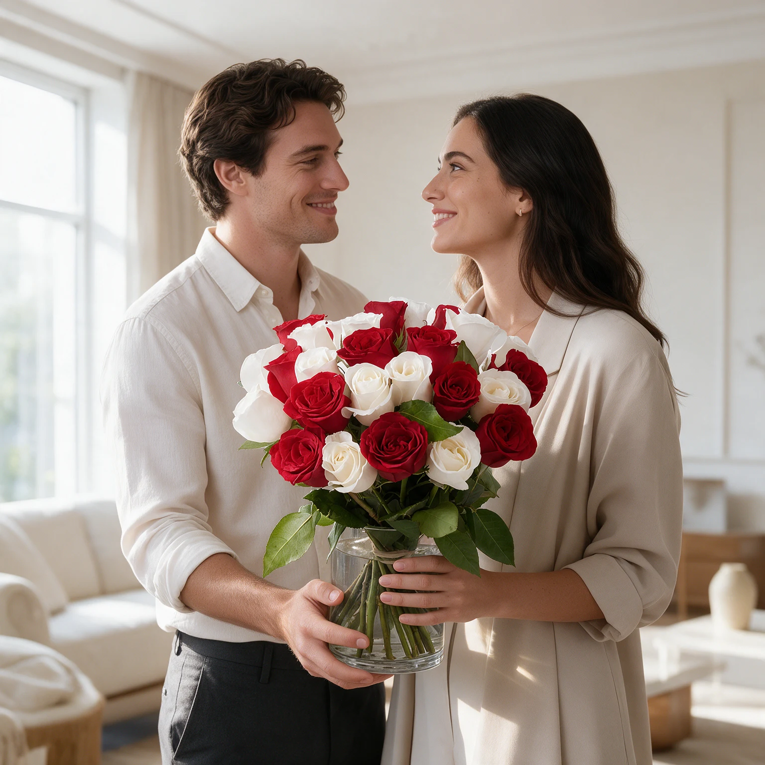 Vase of 12 red roses & 12 white roses & green fillers.