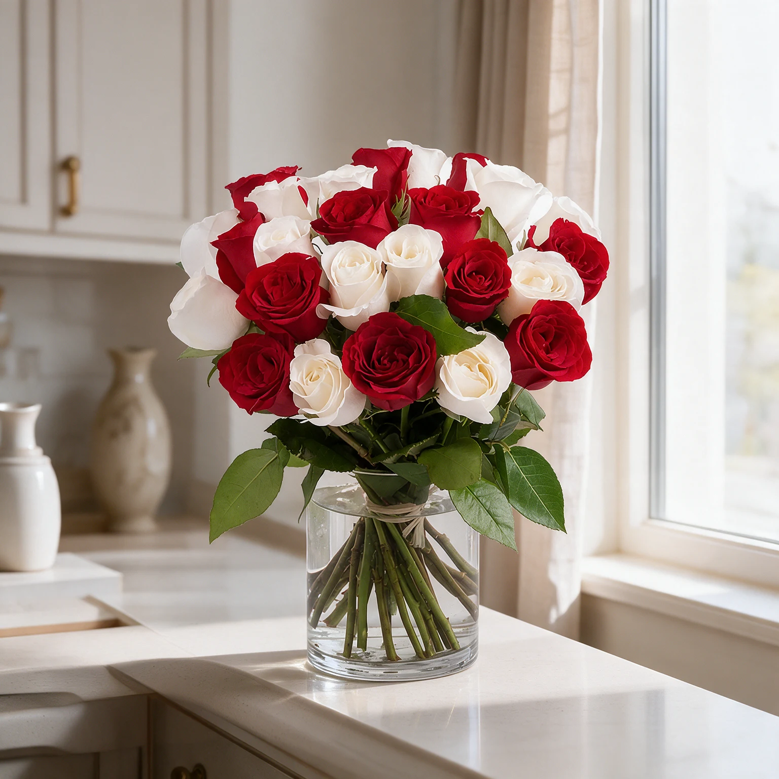 Vase of 12 red roses & 12 white roses & green fillers.