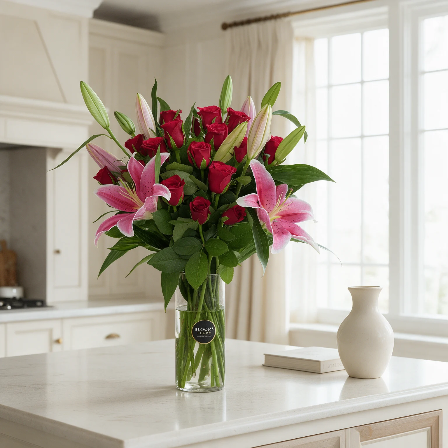 Pink lily and red rose vase arrangement with fresh green fillers