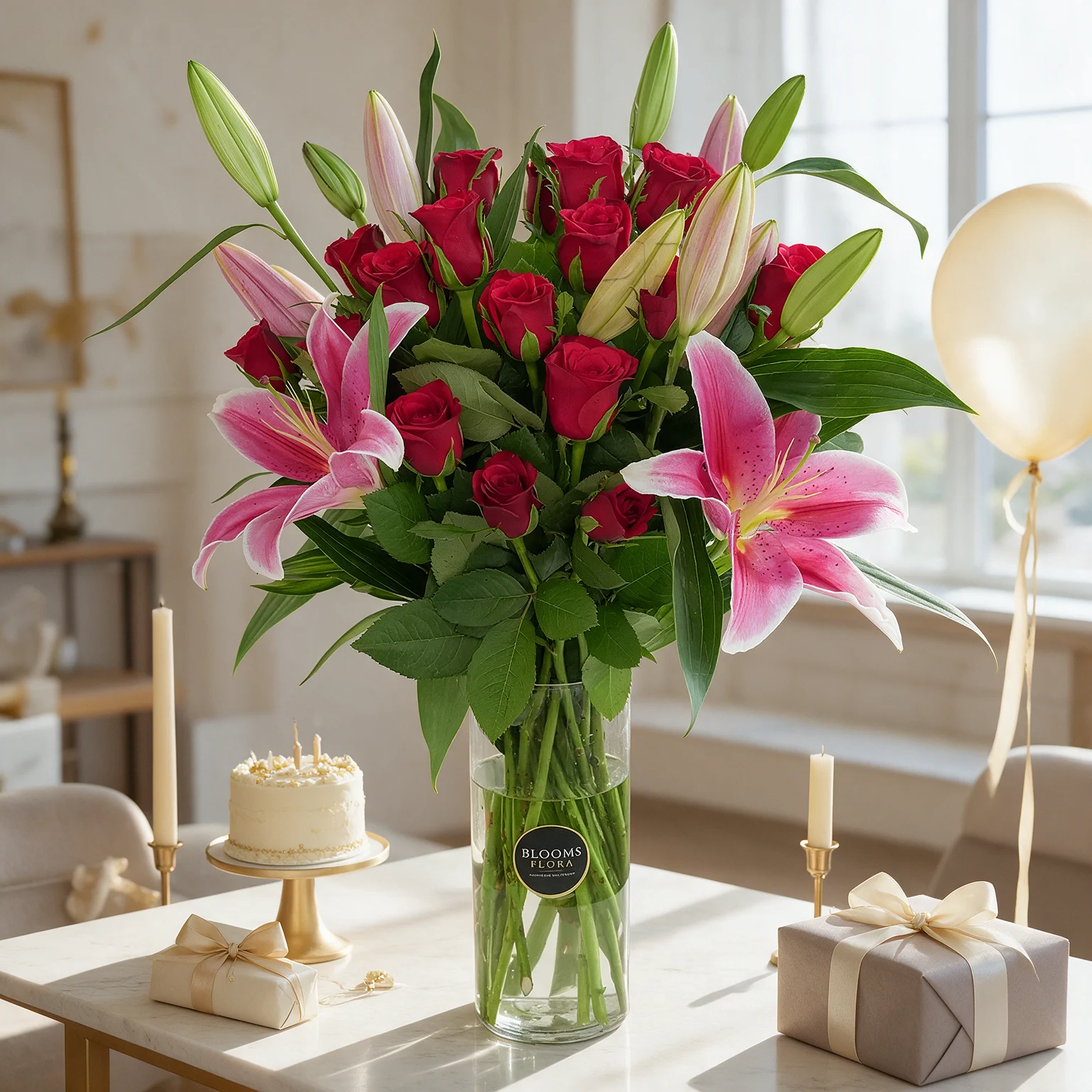 Pink lily and red rose vase arrangement with fresh green fillers