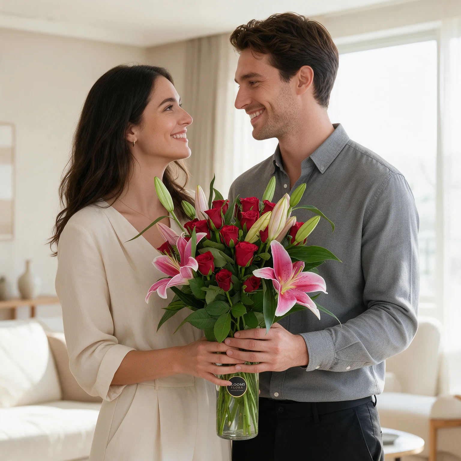 Pink lily and red rose vase arrangement with fresh green fillers