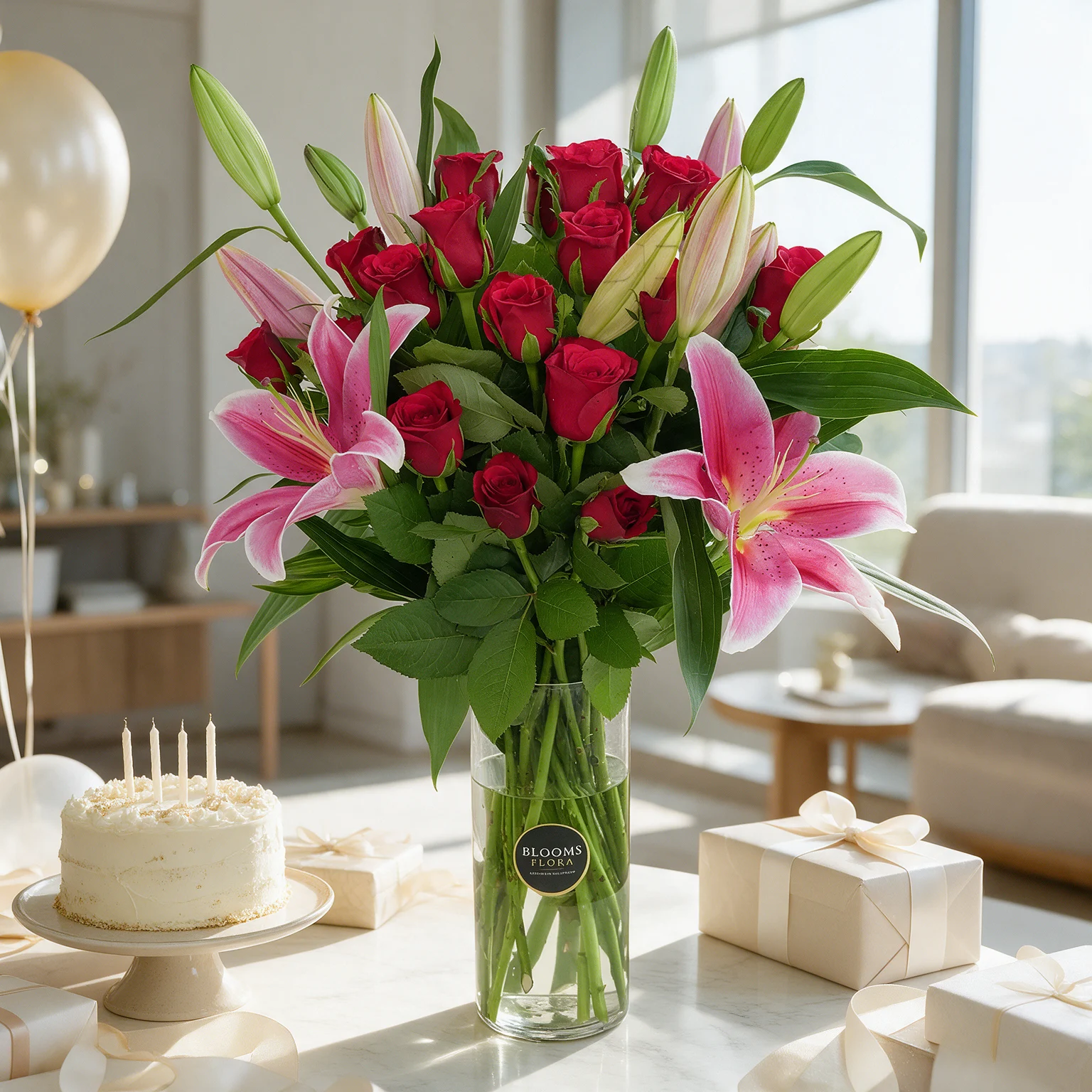 Pink lily and red rose vase arrangement with fresh green fillers