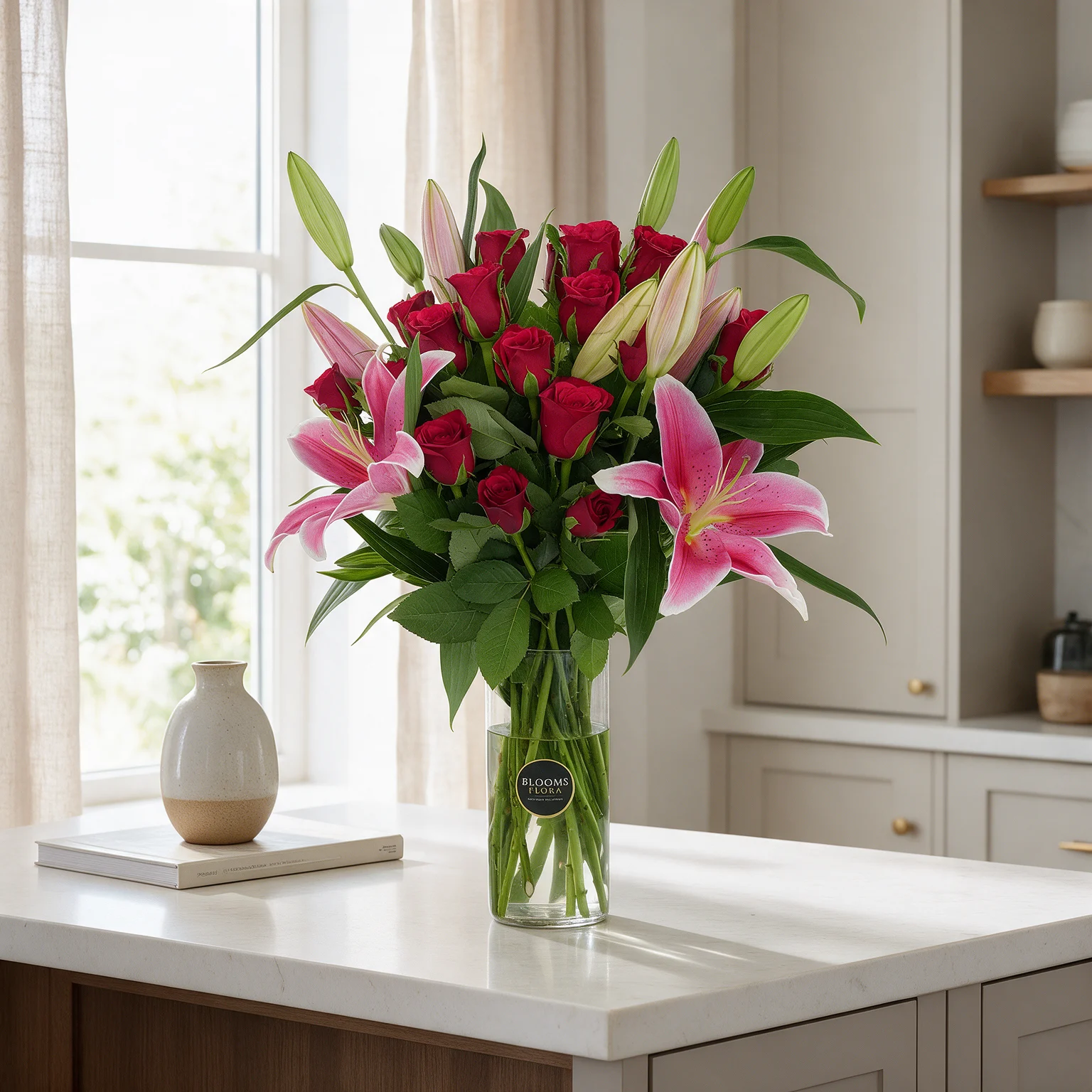 Pink lily and red rose vase arrangement with fresh green fillers