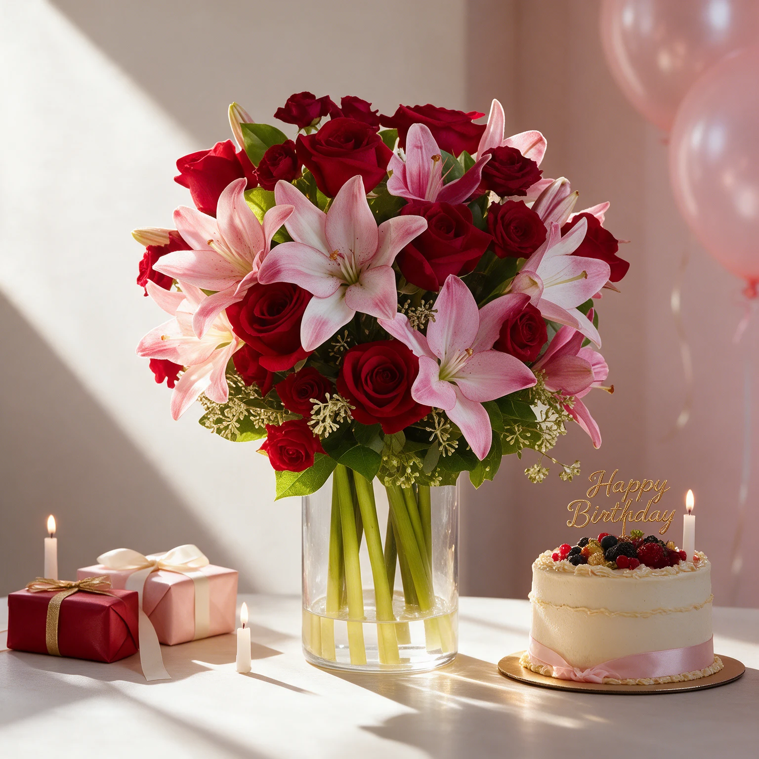 Pink lilies and red roses with red spray roses in a glass vase