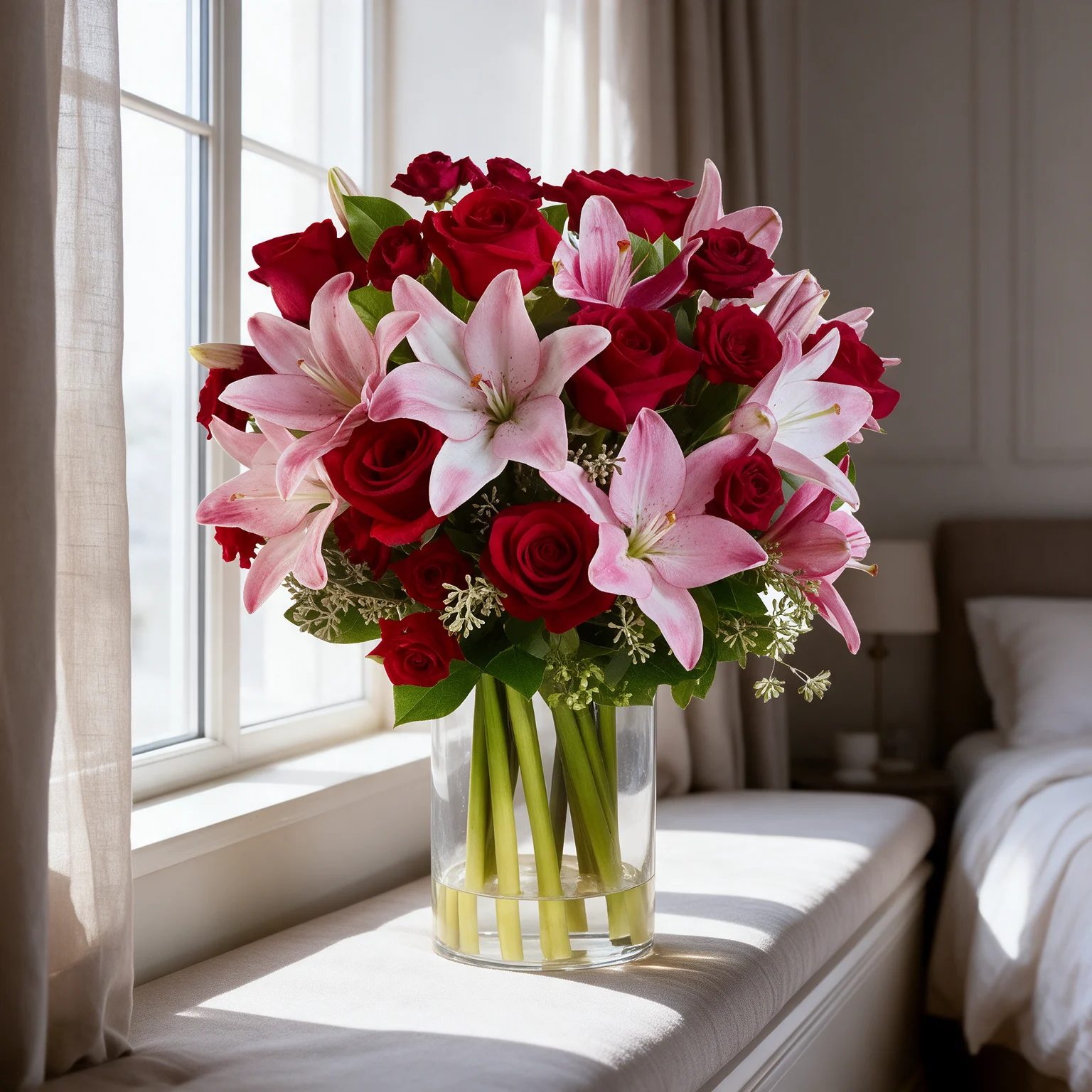 Pink lilies and red roses with red spray roses in a glass vase