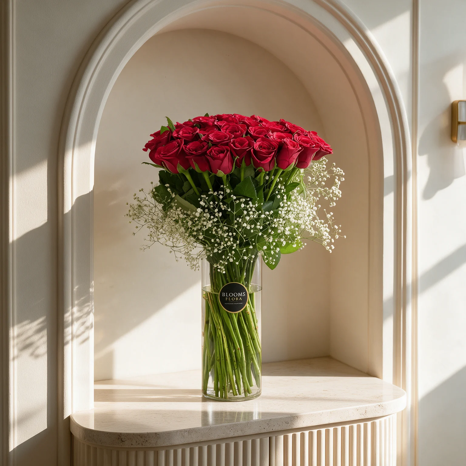 40 red roses arranged with gypsophila in a glass vase