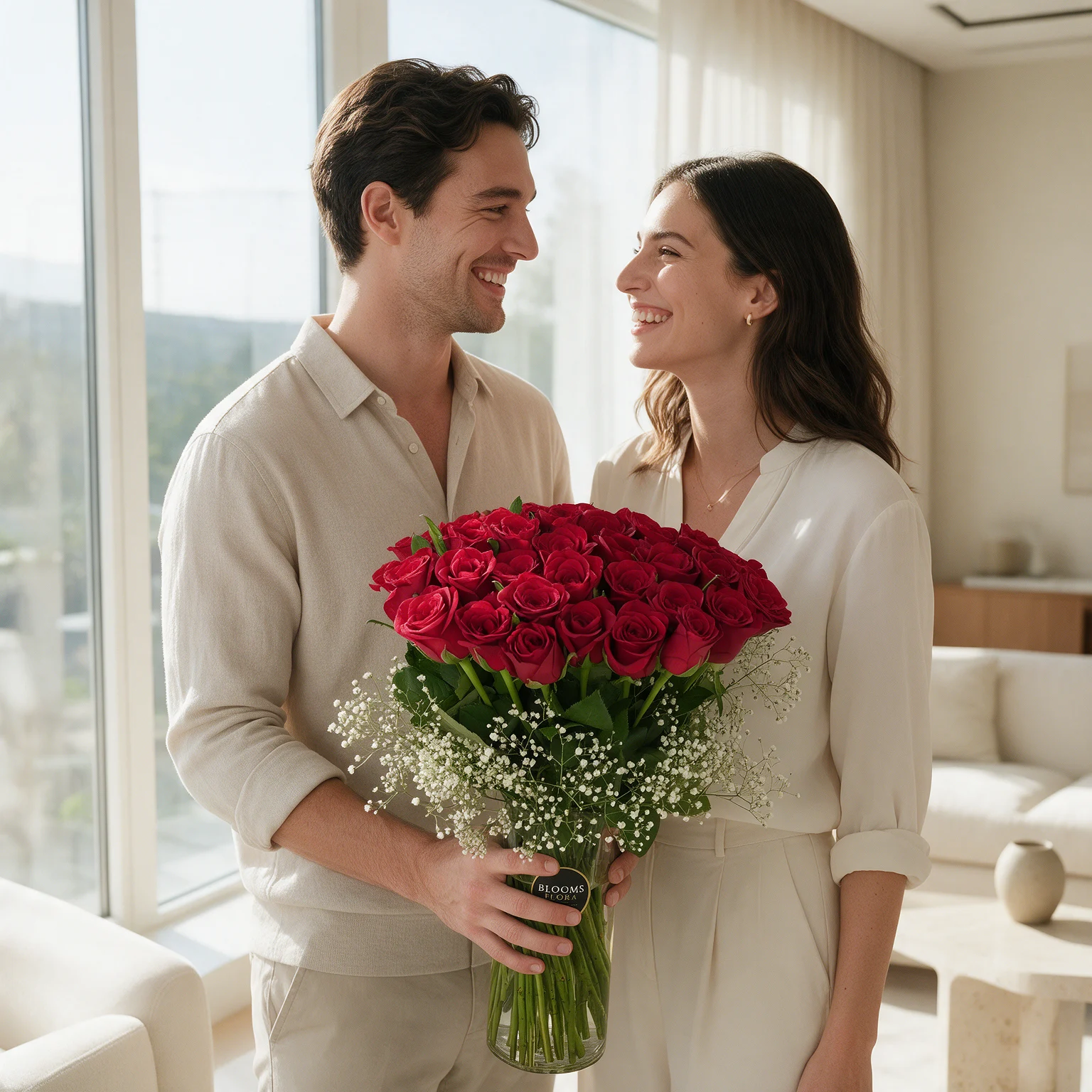 40 red roses arranged with gypsophila in a glass vase