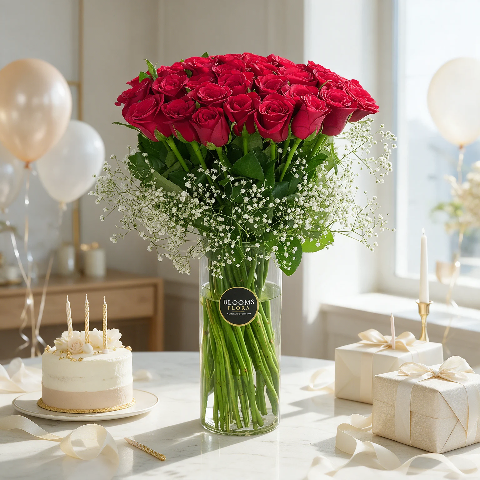 40 red roses arranged with gypsophila in a glass vase