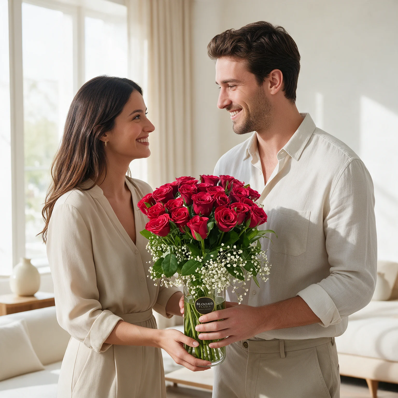 20 red roses arranged in a glass vase with white fillers and green foliage