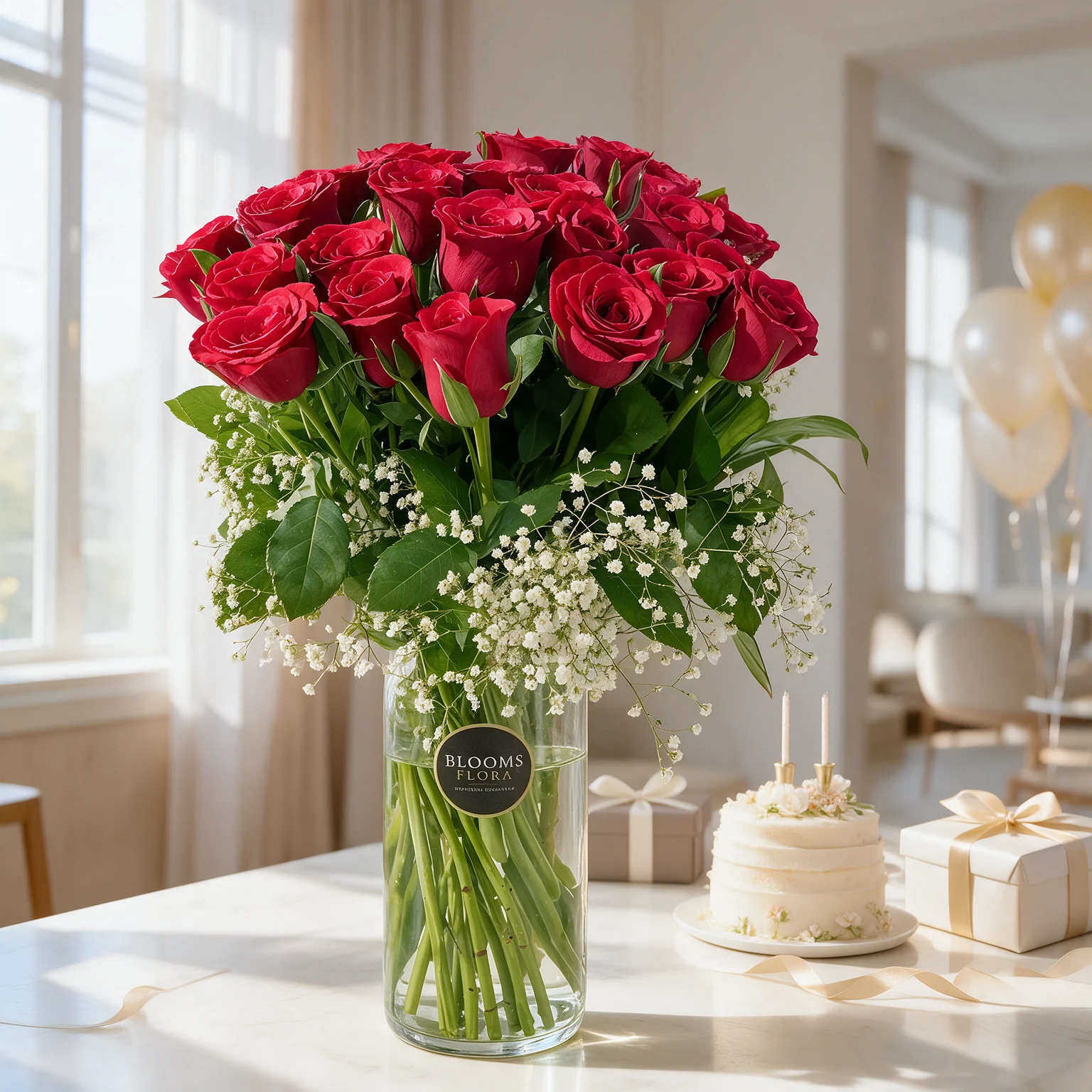 20 red roses arranged in a glass vase with white fillers and green foliage