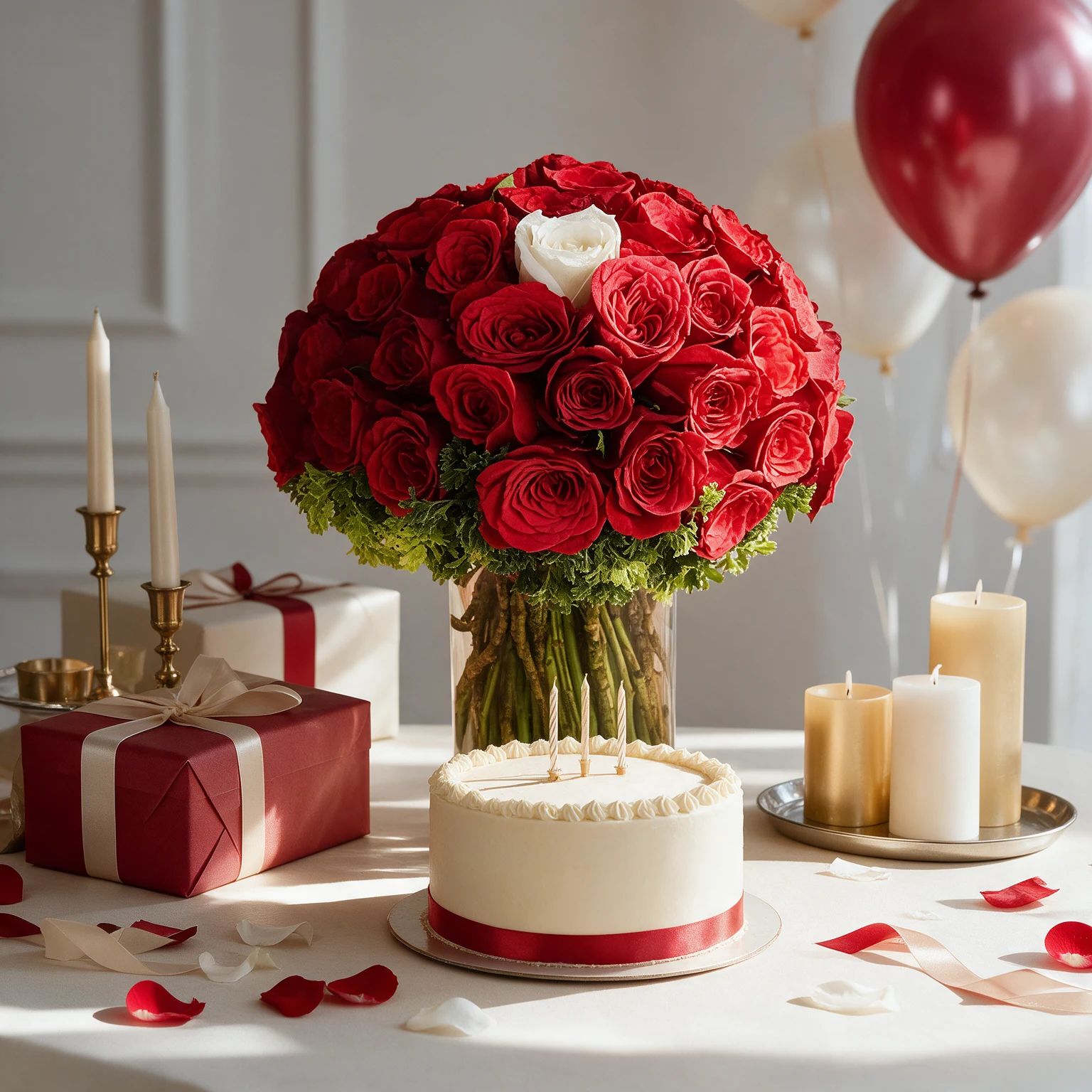 Glass vase with 59 red roses, 1 white rose and green fillers