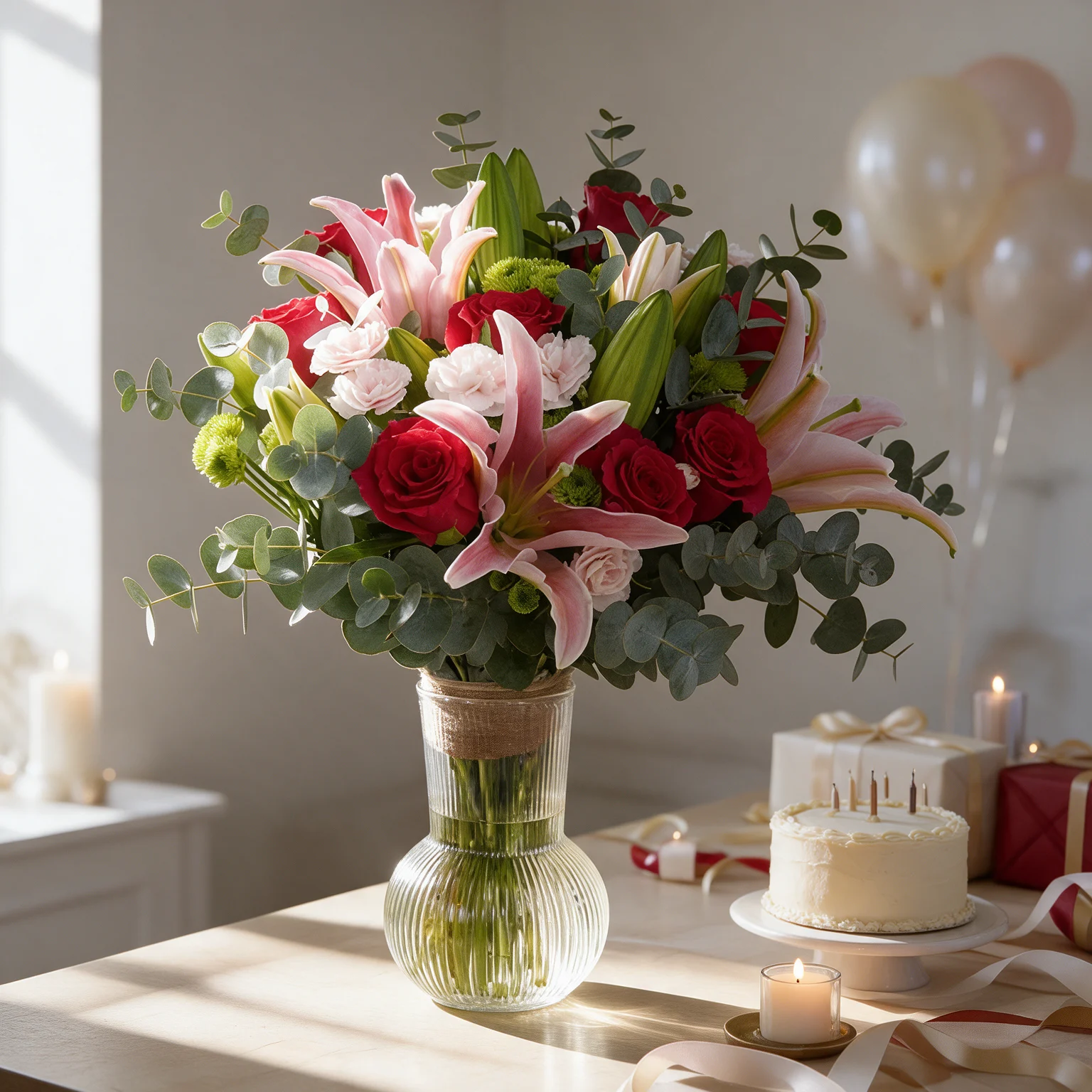 Pink lilies, red roses and pink spray roses arranged in a glass vase
