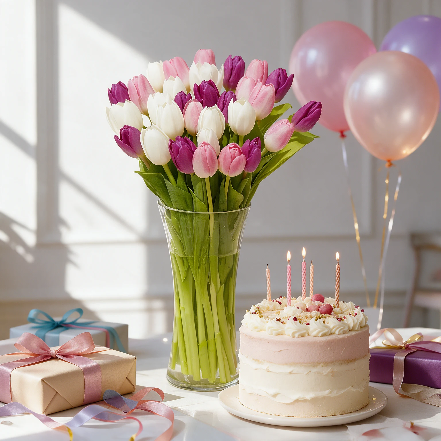 Pink, white and purple tulips arranged in a glass vase