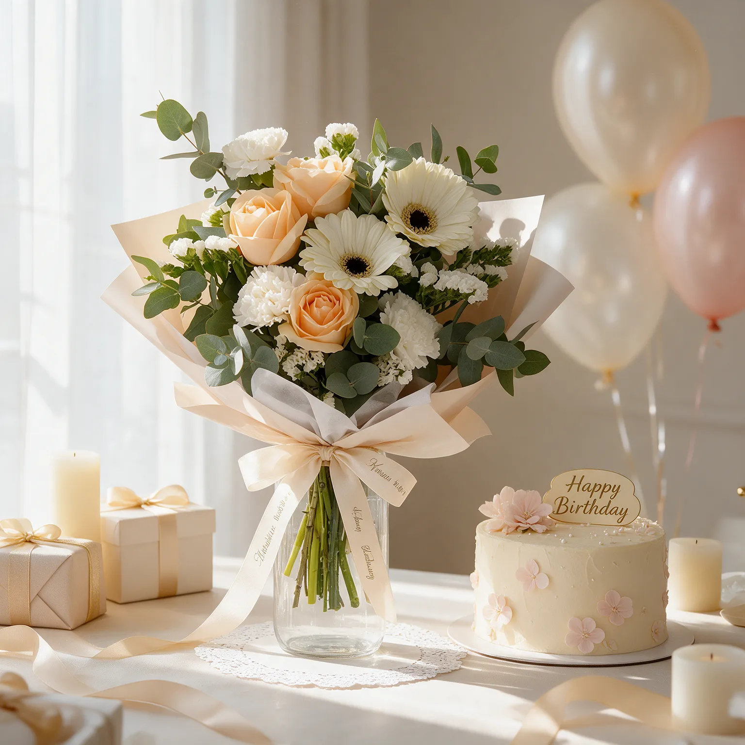 Peach rose and white gerbera flower arrangement in a vase