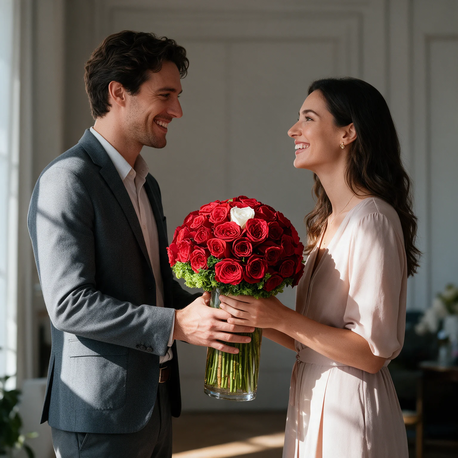 Glass vase with 59 red roses, 1 white rose and green fillers