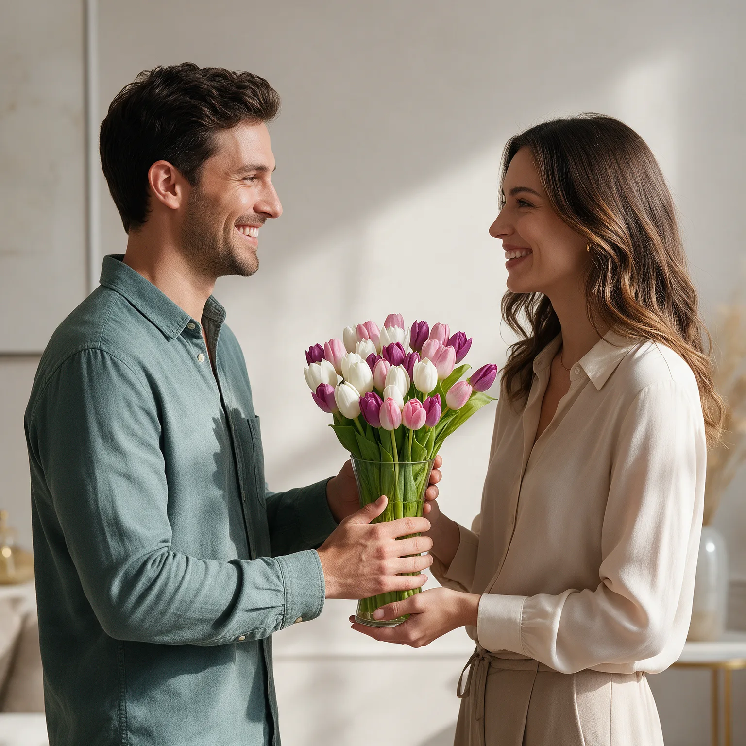 Pink, white and purple tulips arranged in a glass vase