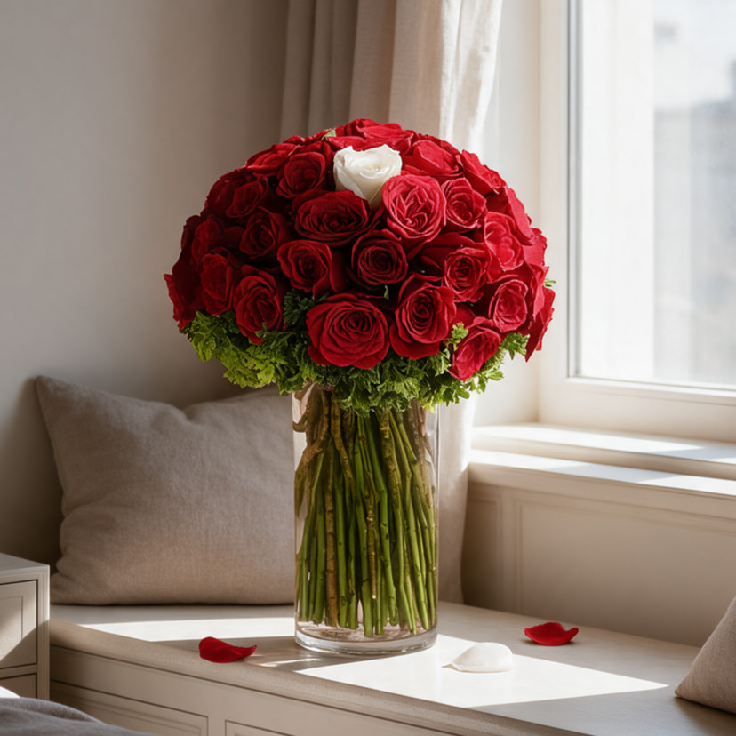 Glass vase with 59 red roses, 1 white rose and green fillers