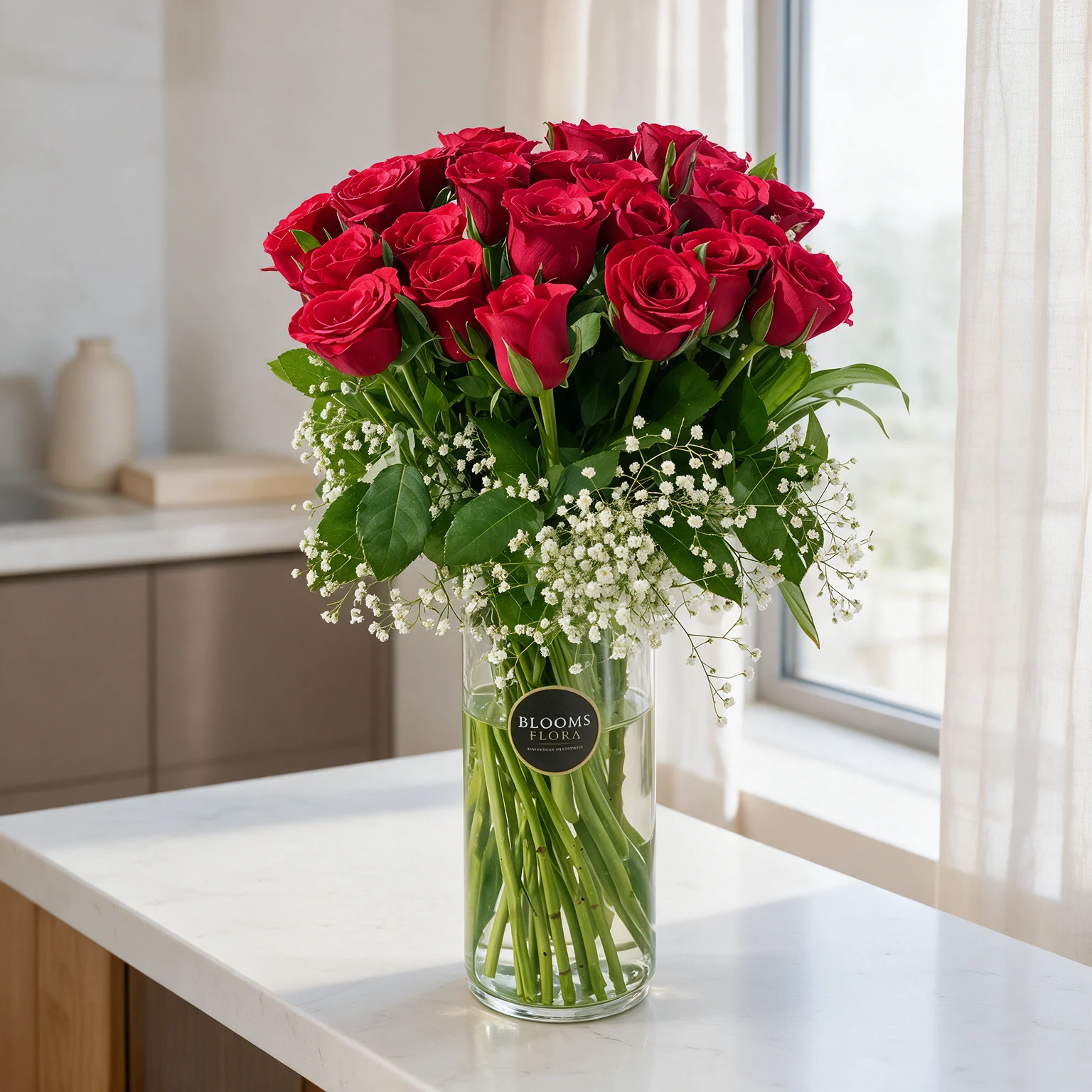 20 red roses arranged in a glass vase with white fillers and green foliage