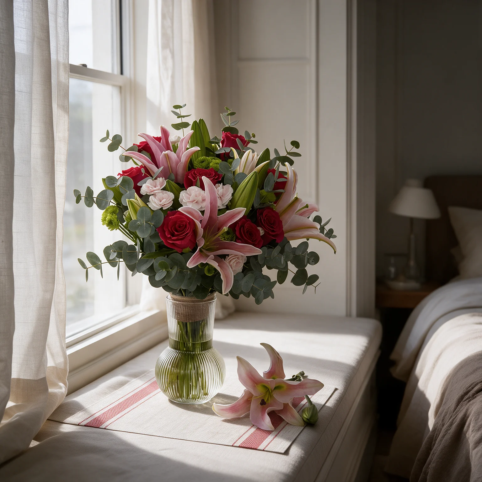 Pink lilies, red roses and pink spray roses arranged in a glass vase