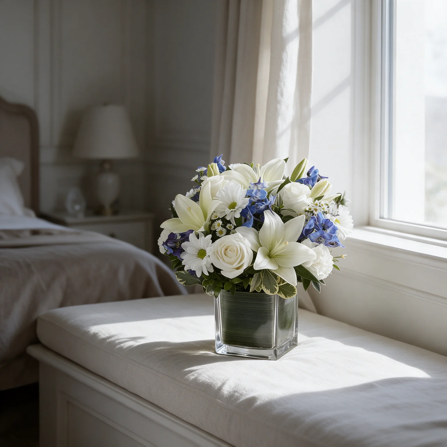 White and blue flower vase arrangement with lilies, roses and hydrangeas in Malaysia