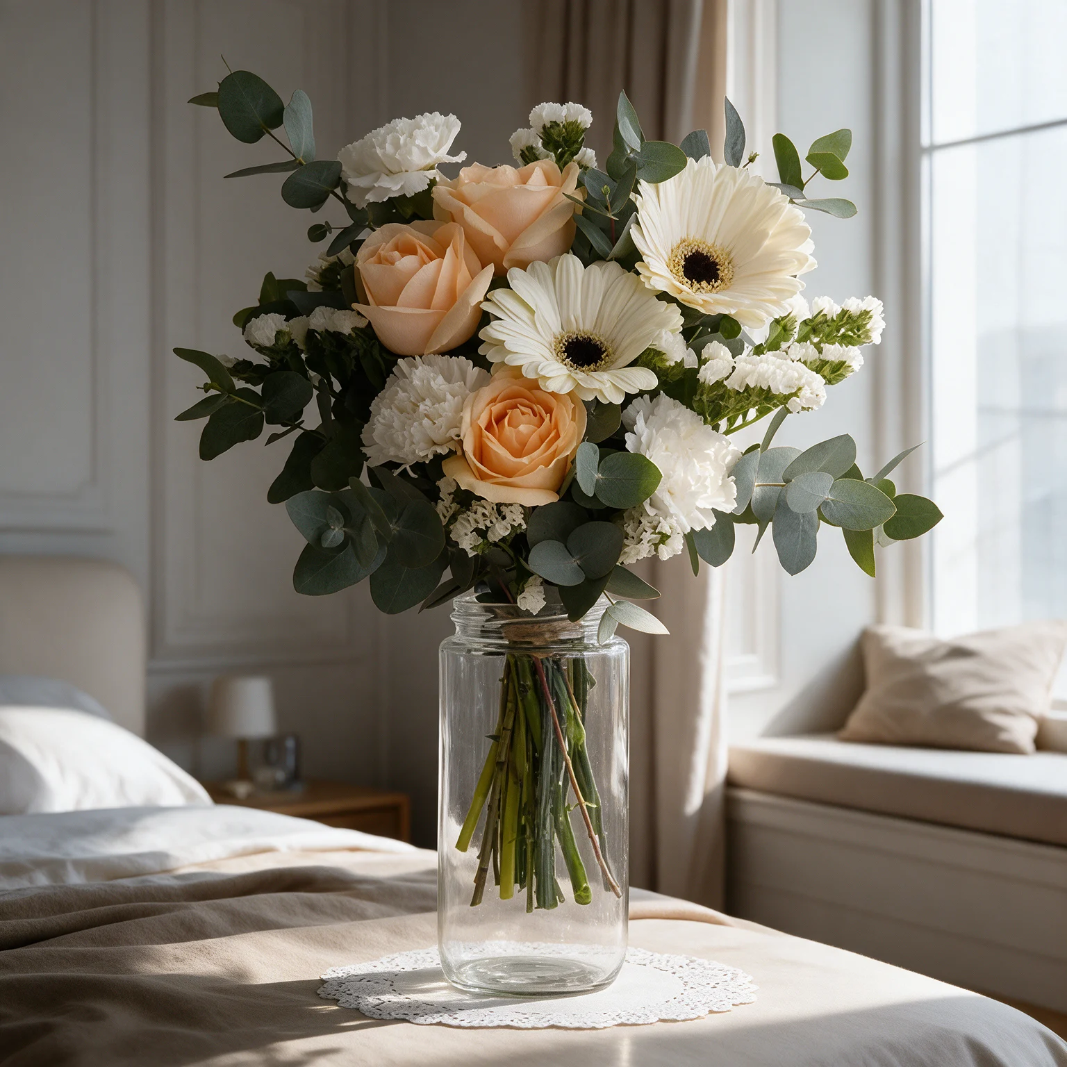 Peach rose and white gerbera flower arrangement in a vase