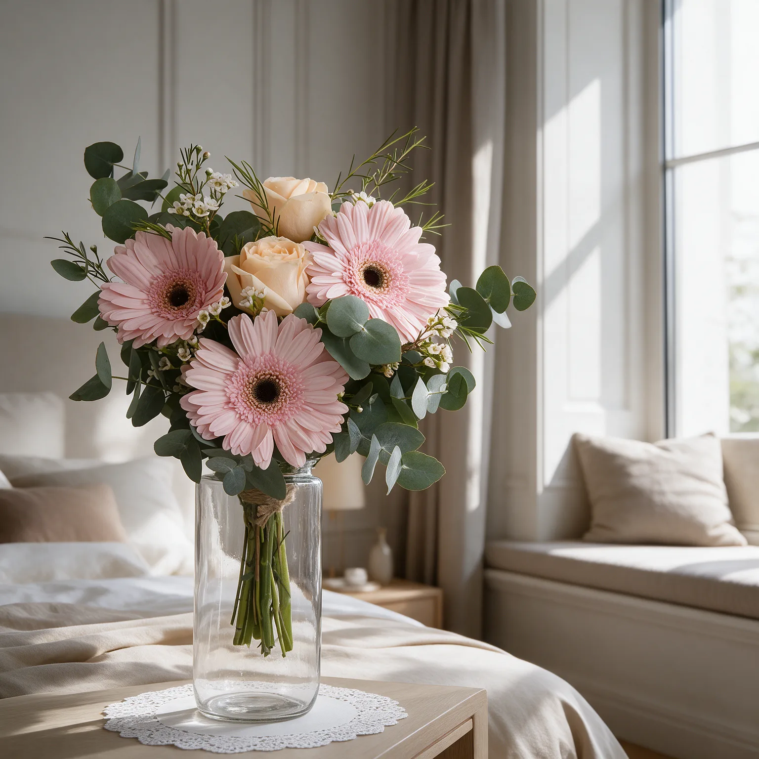 Pink Gerbera Romance Bouquet with eucalyptus and pastel wrapping