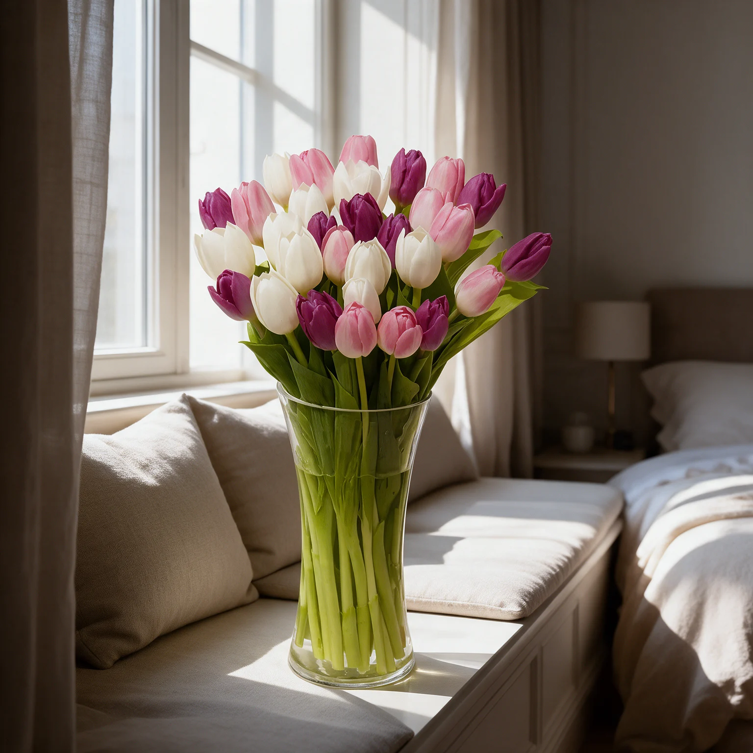 Pink, white and purple tulips arranged in a glass vase