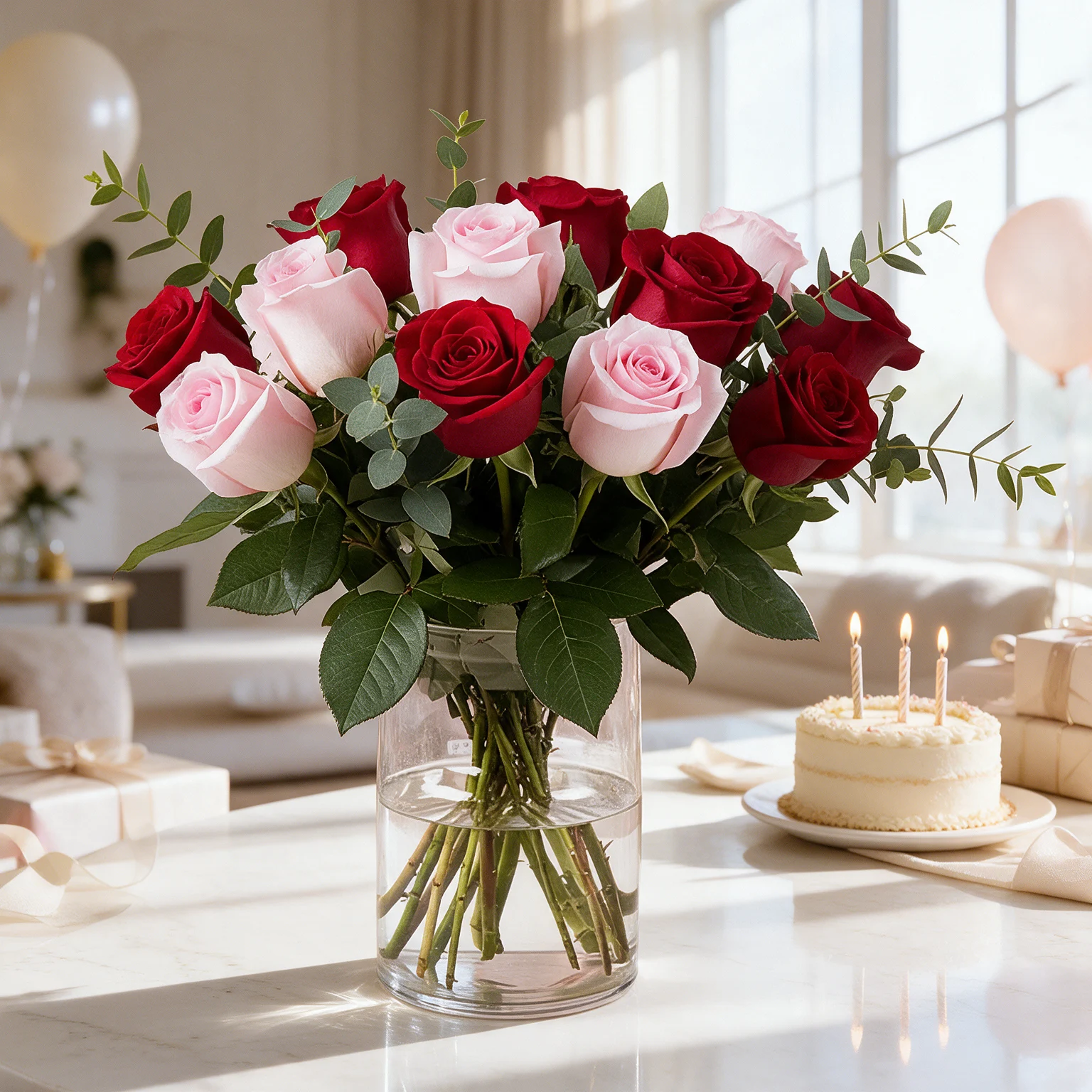 Red and pink rose vase arrangement with eucalyptus leaves
