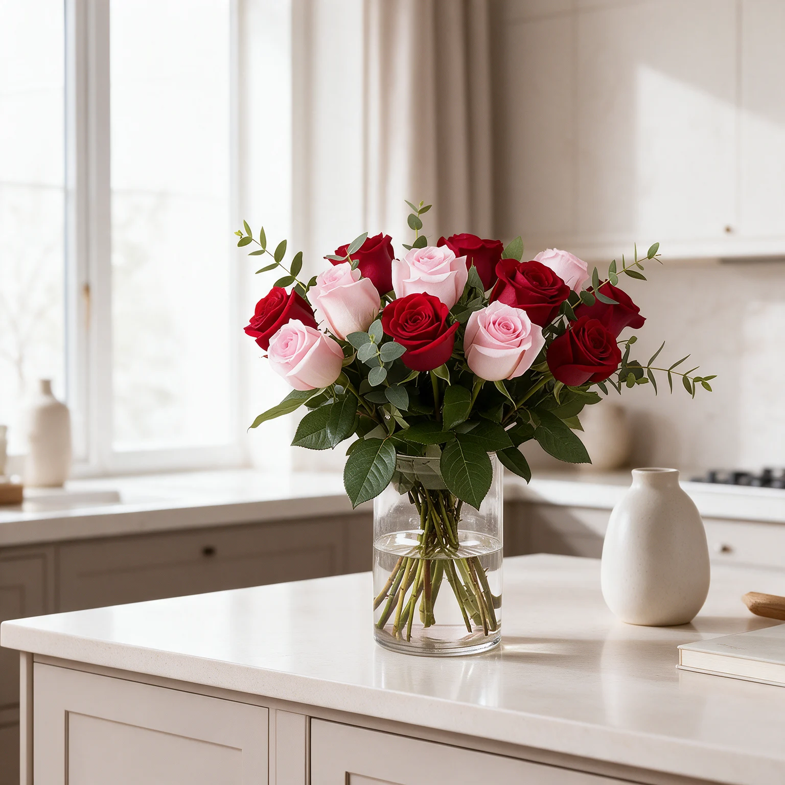 Red and pink rose vase arrangement with eucalyptus leaves