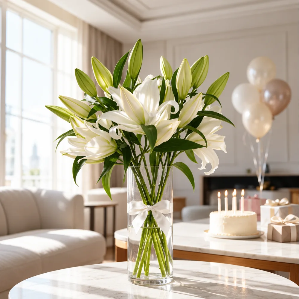 Pink oriental lily vase arrangement with fresh green foliage